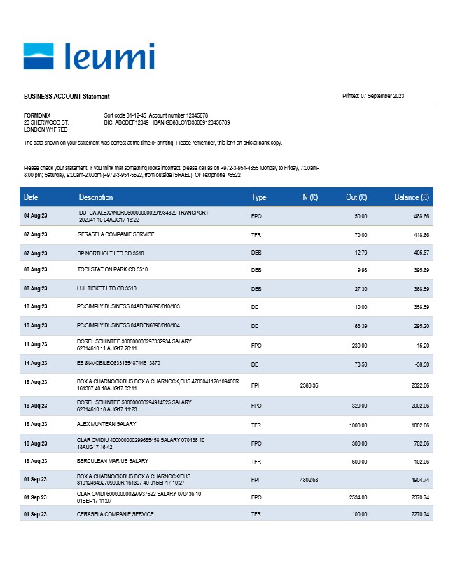 Modèle Word et PDF de déclaration commerciale de la Banque Leumi